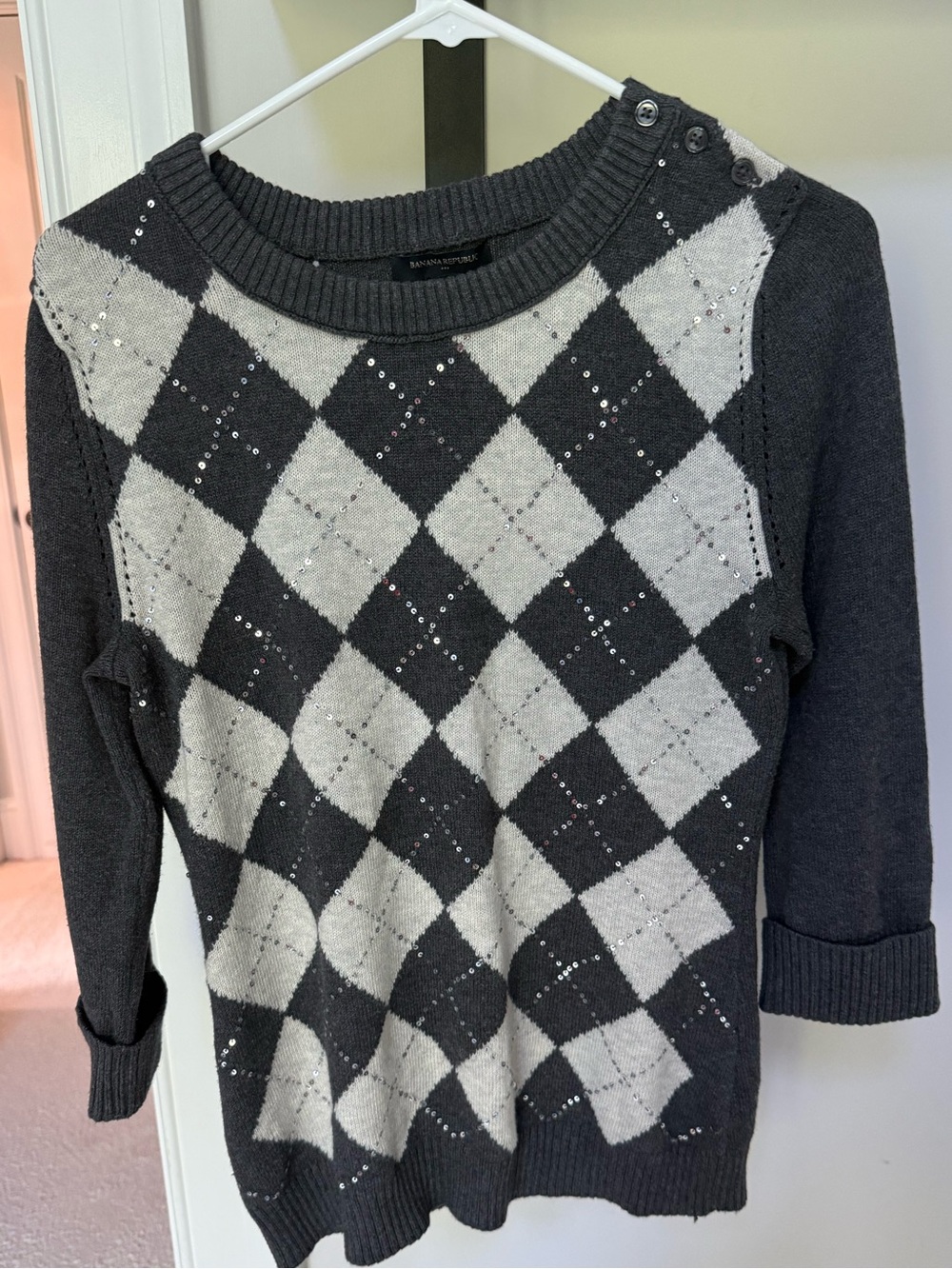Banana Republic Black & Light Gray Argyle Crewneck Sweater with Shoulder Buttons
